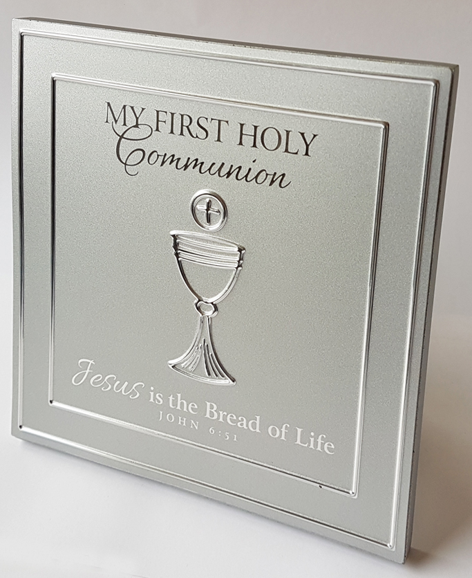 Plaque: First Communion Silver Satin Metal - Lighthouse Christian Products Co